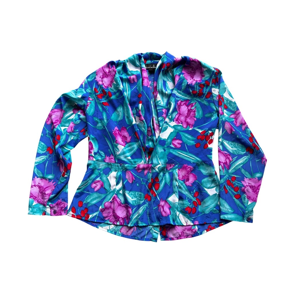 David Matthew Floral Peplum Blouse Blue Magenta Long Sleeve V-Neck‎ Size 6